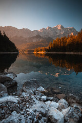 Mountain Lake Eibsee during Sunrise in Summer