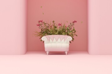 pink armchair with falling colorful flowers on pastel pink background. Advertisement idea. Creative composition. 3d render, social media and studio concept	
