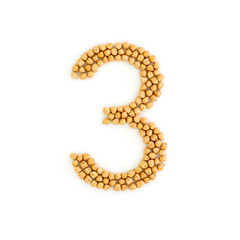 Number 3 made from chickpea beans. Dry chick pea font. Alphabet made from gram . White background