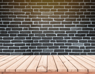 wood plank with abstract blur black brick wall background for product display 
