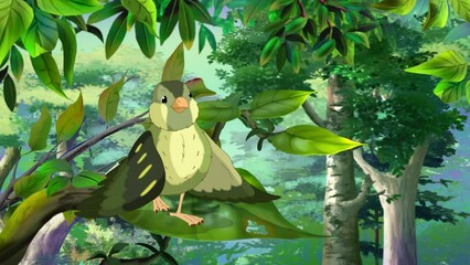 Small green bird singing on a tree 4K