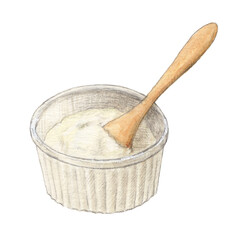 器に入ったヨーグルト　水彩色鉛筆イラスト