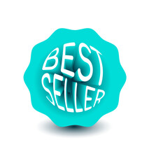 stylish vector blue sticker with a 3D inscription bestseller on a white background