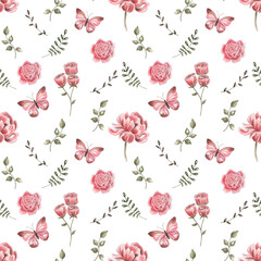 Seamless pattern of pink watercolor peonies, roses and butterflies.