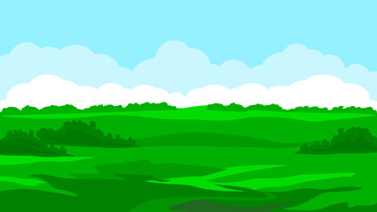 Obraz na płótnie Canvas Summer meadow landscape, green valley with blue sky and white clouds. Flat vector illustration. Nature background. 