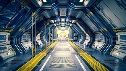 3d illustration. Sci-Fi grunge damaged metallic corridor background