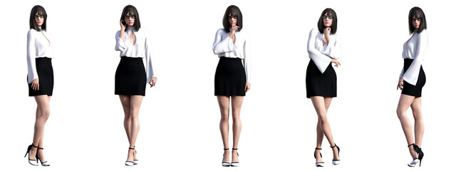 3d illustration. Beautiful business woman standing in different poses wearing office formal outfit.