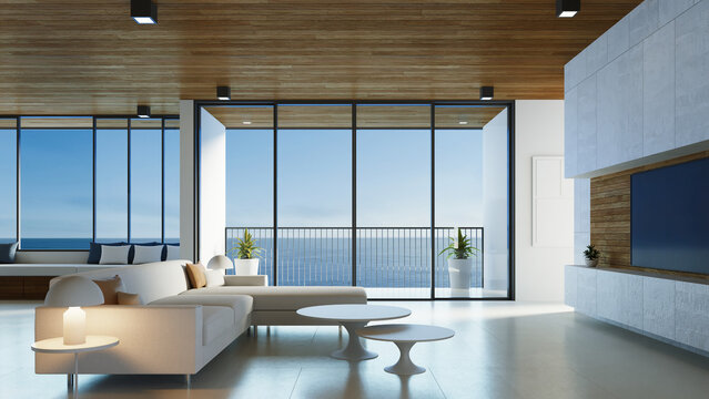 Luxury modern beach house and hotel sea view - 3D rendering