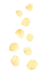 Fototapeta na wymiar Falling potato chips cutout, Png file.