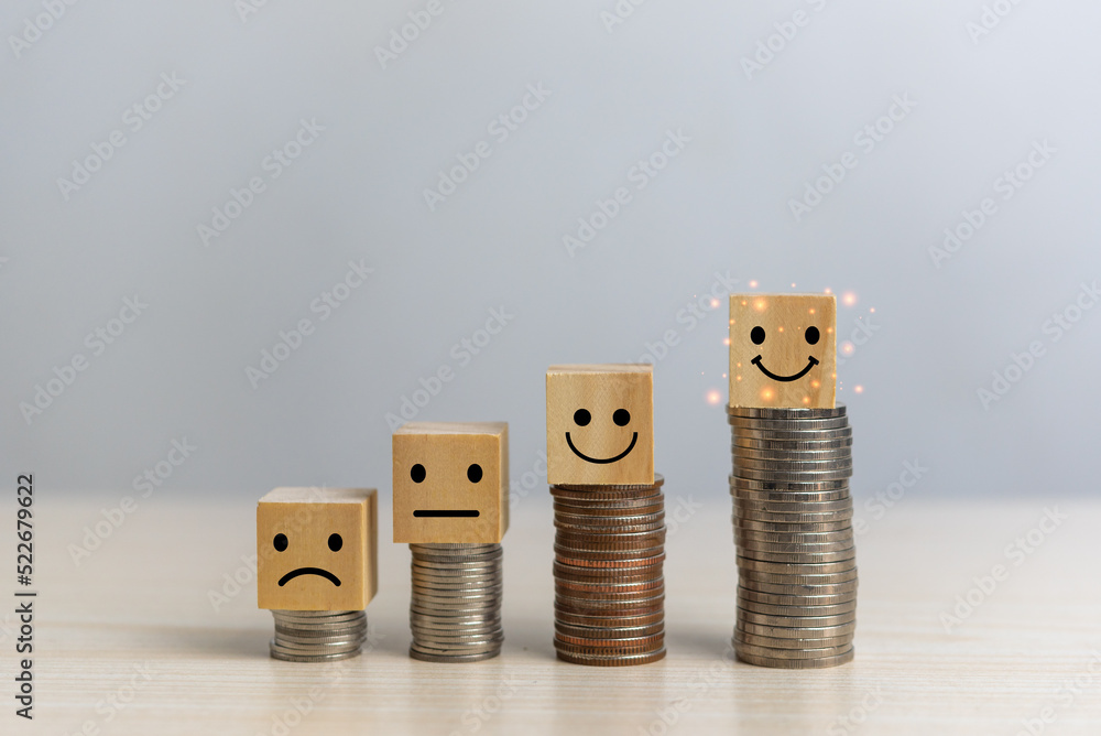 Poster wood block cube emotion and coin on table.feedback collection statistics saving finance business con
