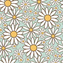Seamless pattern retro 1970s hippie. Background with colorful flower chamomile in vintage style. Illustration with positive symbols for wallpaper, fabric, textiles. Vector - 522679643