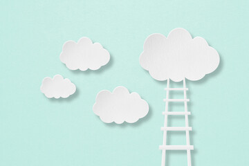 ladder reaches the white cloud paper cut on grunge texture background including copy space. Motivation metaphor, surreal dream, challenge concept