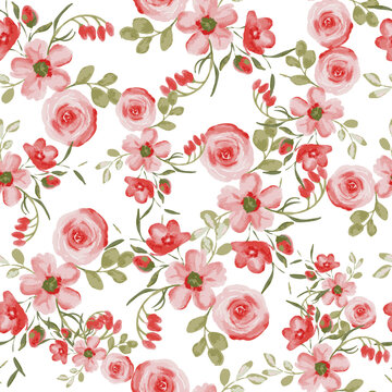 Vector, watercolor seamless floral pattern, textile fabric background design. Beautiful red rose and greenery flowers, greenery leaves, bouquet. Botanical wallpaper. © Joann