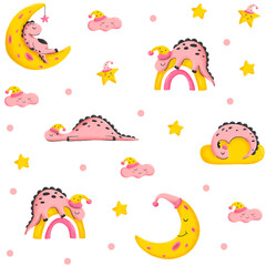 Childish seamless pattern with cute pink dinosaurs, moon, stars on a white background. Baby dino in different poses. Sleeping animal babies. Ideal for fabric, textile, prints, clothing.