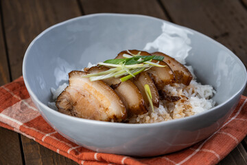 braised whole pork belly in sweetened soy sauce with steamed Taiwan pechay also known as hong ma