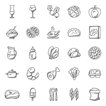Collection Of Food Items Doodle Icons

