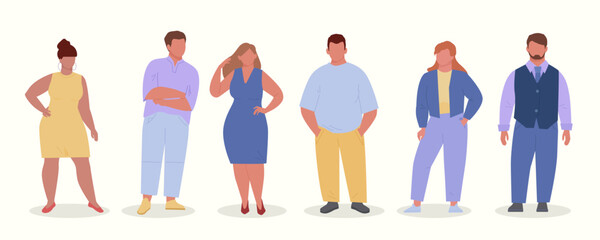 fat people. body positive male and female characters in casual clothes. Vector fat persons in flat style