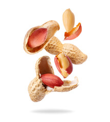 Crushed peanut beans close-up in the air isolated on a white background
