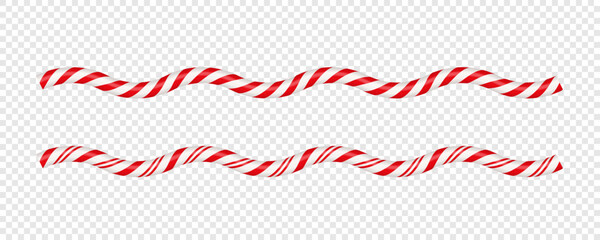 Christmas candy cane wave line with red and white striped. Xmas line with striped candy lollipop pattern. Christmas and new year element. Vector illustration isolated on white background.