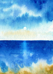 Watercolor landscape with sea, sun and blue sky,. Hand drawn nature background. Painting illustration