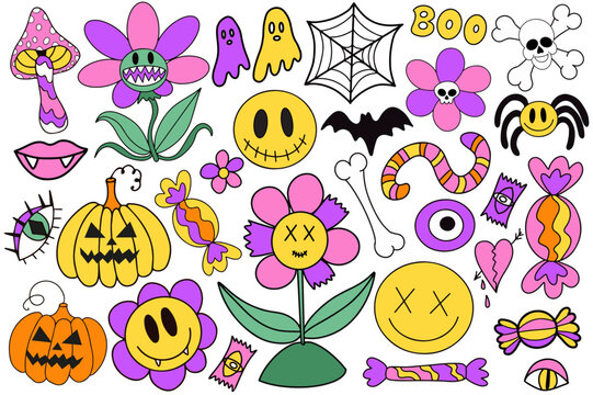 Groovy Halloween Stickers Set In Retro 70s Style. Psychedelic Collection Of Hippie Design Elements. The Power Of Monster Flowers. 