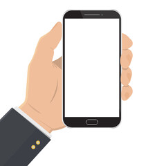 Hand holding a white smartphone, touching blank screen. Vector illustration