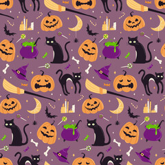 Cute Halloween vector seamless pattern. Pumpkins with different faces, black cat, witch's potion and broom, bat, sweets and candies. Ideal for wrapping paper, fabrics, printing and postcards