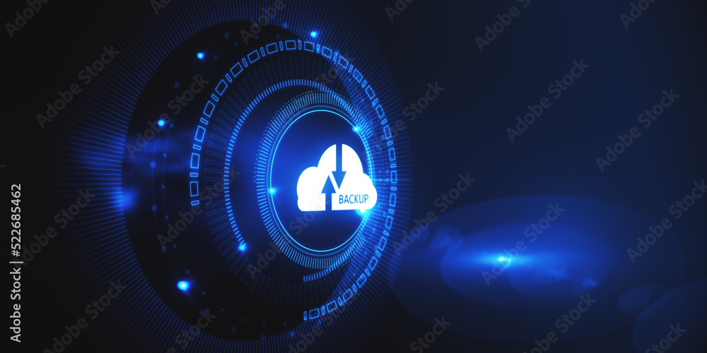 Poster Abstract cloud hologram on blurry dark texture. Cloud computing, big data backup concept. 3D Rendering.