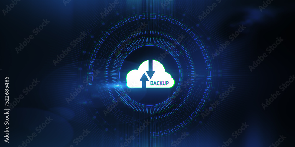 Poster Abstract cloud hologram on blurry dark wallpaper. Cloud computing, big data backup concept. 3D Rendering.