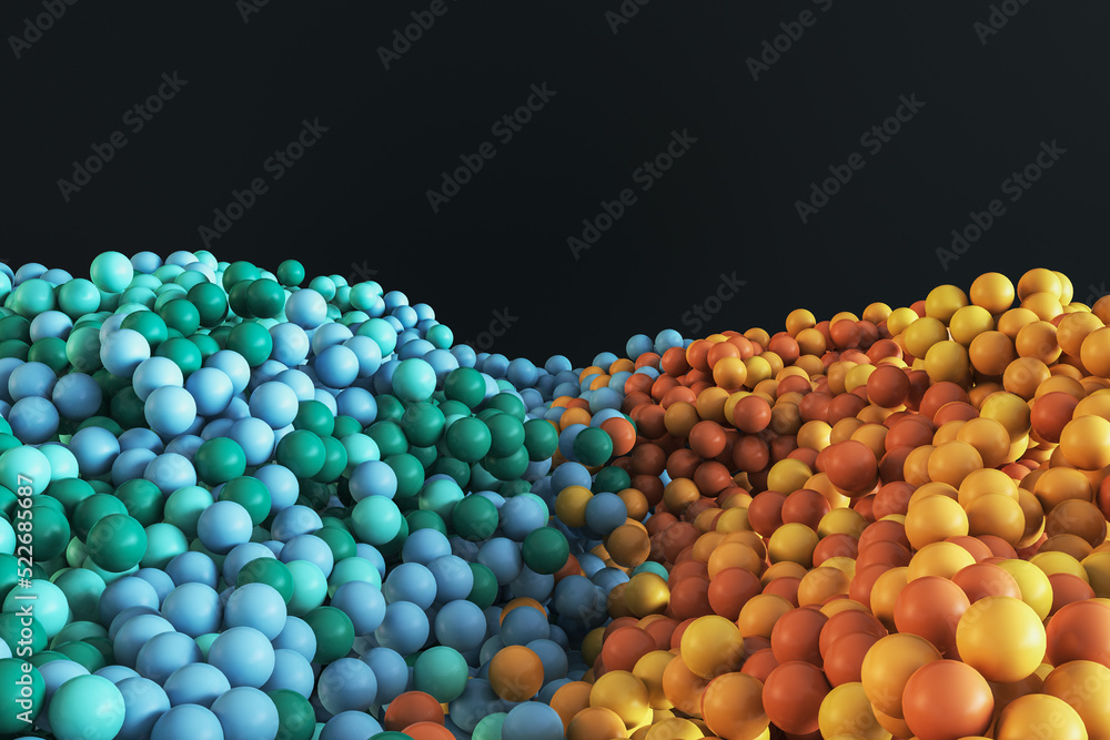 Poster Abstract colorful bubbles on black backdrop with mock up place for text and advertisement. Design and banner concept. 3D Rendering.