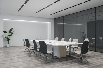 Contemporary glass meeting room interior with wooden flooring, furniture and reflections. Law and legal, commercial workplace concept. 3D Rendering.