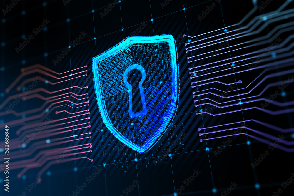 Poster Creative glowing shield circuit security hologram on blurry backdrop. Safety and web protection concept. 3D Rendering.