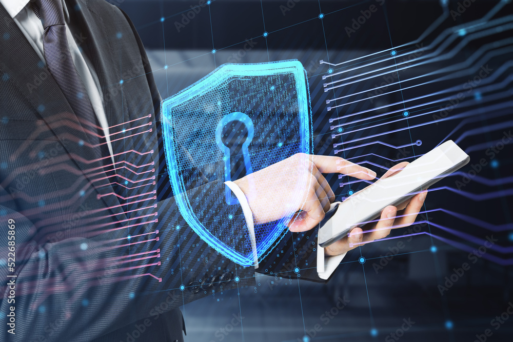 Aufkleber Close up of businessman hands using cellphone with creative glowing shield circuit security hologram on blurry office interior background. Safety and web protection concept. Double exposure.