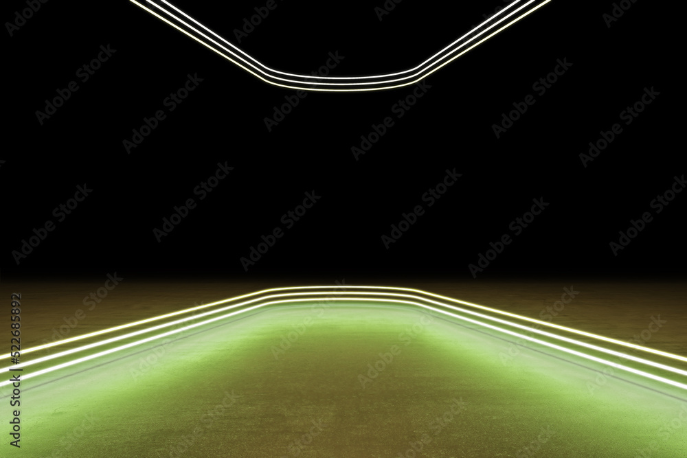 Poster abstract green futuristic corridor with empty mock up place on black wallpaper. 3d rendering.