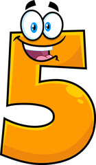 Funny Orange Number Five 5 Cartoon Character. Vector Hand Drawn Illustration Isolated On White Background