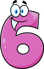 Funny Violet Number Six 6 Cartoon Character. Vector Hand Drawn Illustration Isolated On White Background