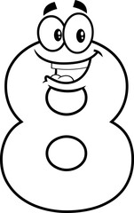 Outlined Funny Number Eight 8 Cartoon Character. Vector Hand Drawn Illustration Isolated On White Background