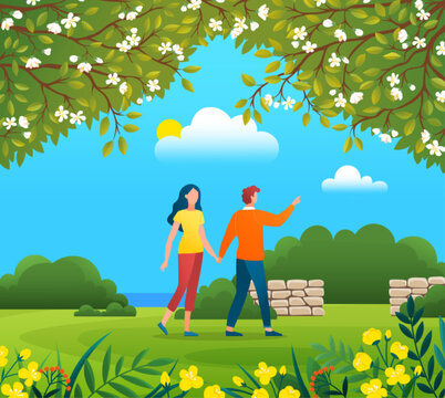 Couple walking in forest or park. Young guy and girl holding hands walking in summer garden. Lovers man and woman on date, romantic walk outdoor. Happy promenade in open air, active lifestyle