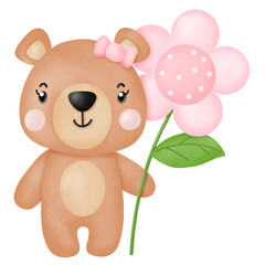 Naklejka premium Watercolor cute teddy bear love set valentines day with elements
