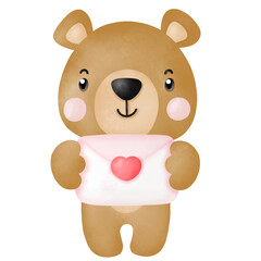 Watercolor cute teddy bear love set valentines day with elements