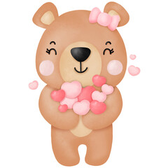 Watercolor cute teddy bear love set valentines day with elements