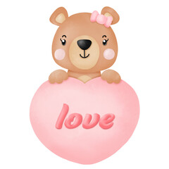 Watercolor cute teddy bear love set valentines day with elements