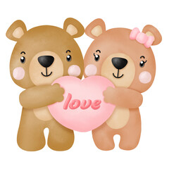 Watercolor cute teddy bear love set valentines day with elements