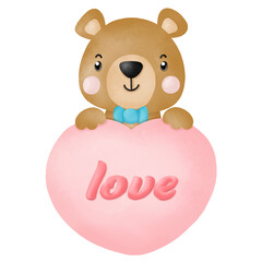 Watercolor cute teddy bear love set valentines day with elements