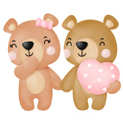 Watercolor cute teddy bear love set valentines day with elements