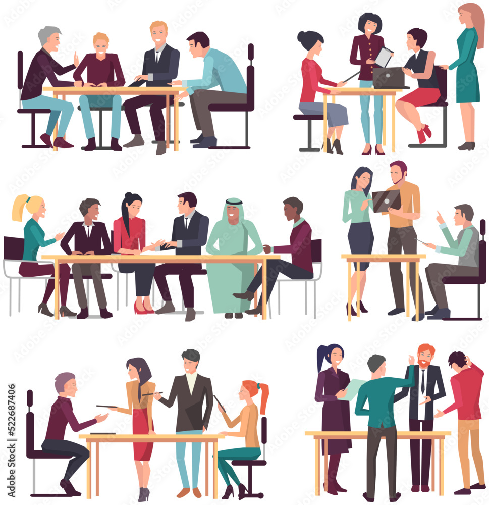 Poster set of illustrations about businesspeople team project strategy planning. teamwork with business, cr