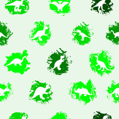 Seamless pattern with dinosaur silhouettes on green watercolor spots. Endless background, wallpaper, wrapping paper, fabric textile. Vector backdrop.