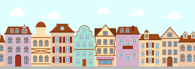 Fototapeta premium Old street European. seamless pattern town. Small town with retro houses.