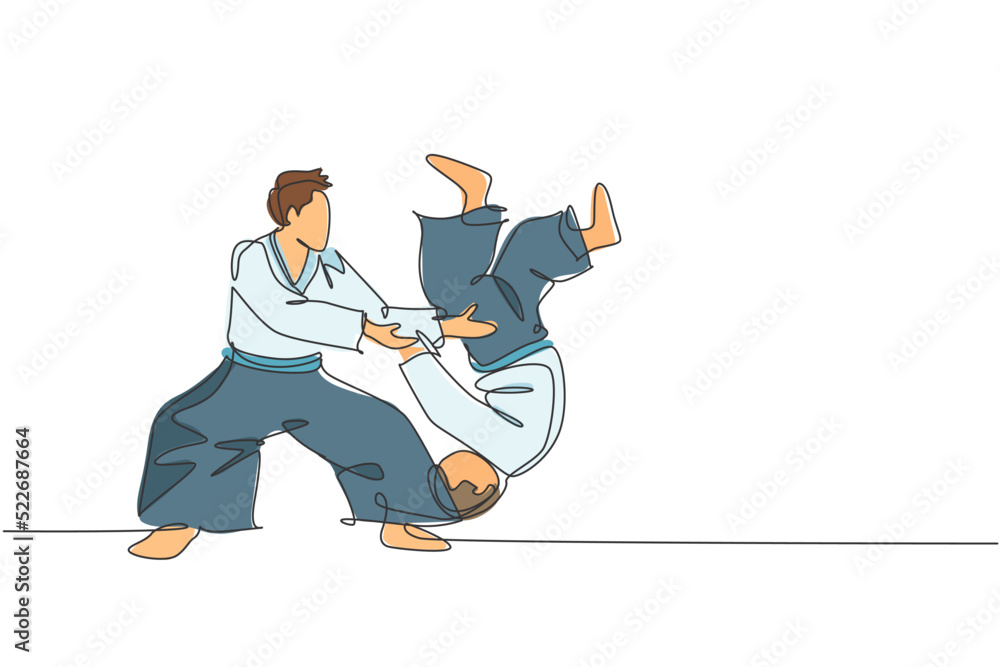 Poster one continuous line drawing of young men aikido fighter practice fighting technique at dojo training