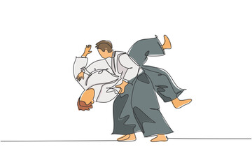 Single continuous line drawing of two young sportive man wearing kimono practice slamming in aikido fighting technique. Japanese martial art concept. Trendy one line draw design vector illustration - obrazy, fototapety, plakaty